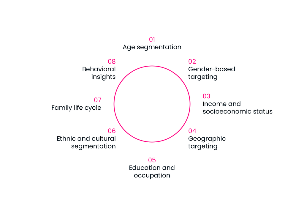 Segmented wheel chart categorizing audiences by age and traits.